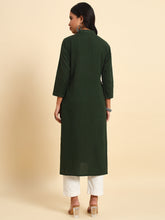 Thread Plus Cotton Flax Straight Kurti In Bottle Green Color For Women